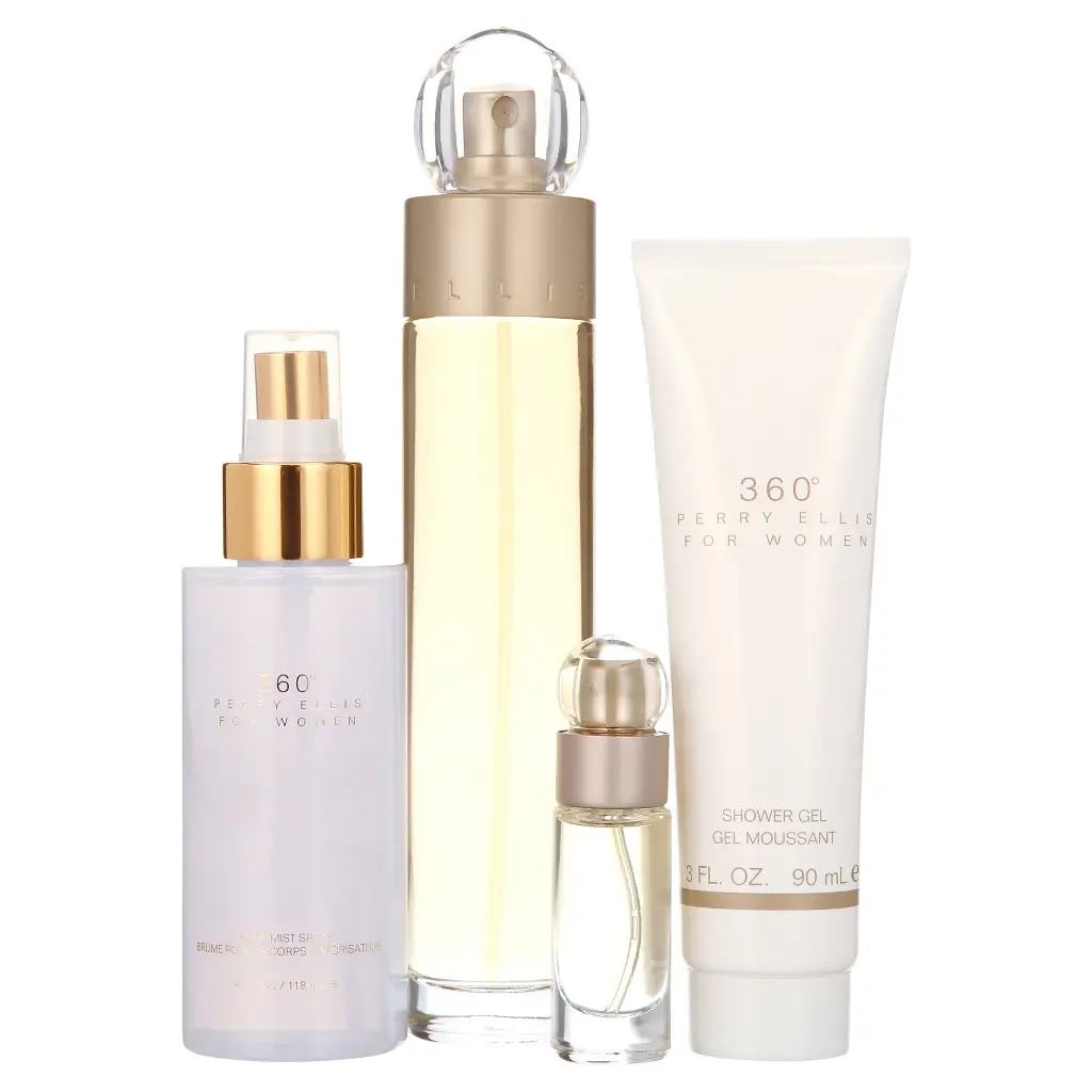 Perry Ellis 360 4PC Gift Set For Women
1x- 3.4 Fl. Oz. Eau De Toilette Spray
1x- 4 Fl. Oz. Body Mist Spray
1x- 3 Fl. Oz. Shower Gel
1x- 7.5 mL Eau De Toilette Spray