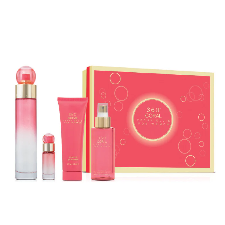 Perry Ellis 360 Coral 3.4 4PC Women Set
Includes:
1x - 3.4 Fl. Oz. Eau De Parfum Spray
1x - 4.0 Fl. Oz. Body Mist Spray
1x - 3.0 Fl. Oz. Shower Gel
1x - 0.25 Fl. Oz. Eau De Parfum Mini Spray